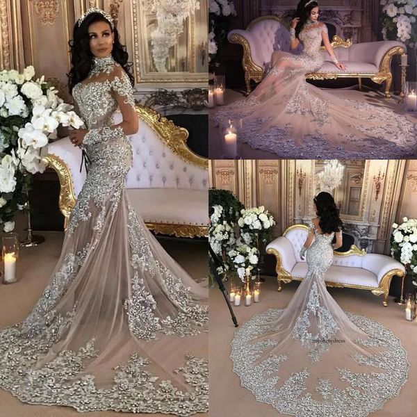 Sparkly 2022 Robe de mariée sirène sexy Sheer Bling Beads Lace Applique High Neck Illusion à manches longues Champagne Trumpet Bridal Robes 0509