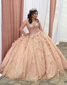 Sparkly 3D bloemen bloemen Rose Gold plus size quinceanera prom jurken 2022 baljurk lange illusie mouwen Crystal Rhinestones SW4402369