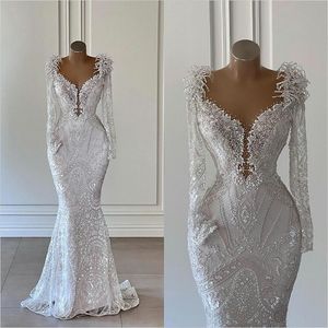 Sparkly 3d bloemen trouwjurk sexy v nek lange mouw kralen kanten bruidsjurken romantische bruid jurk robe de mariiee