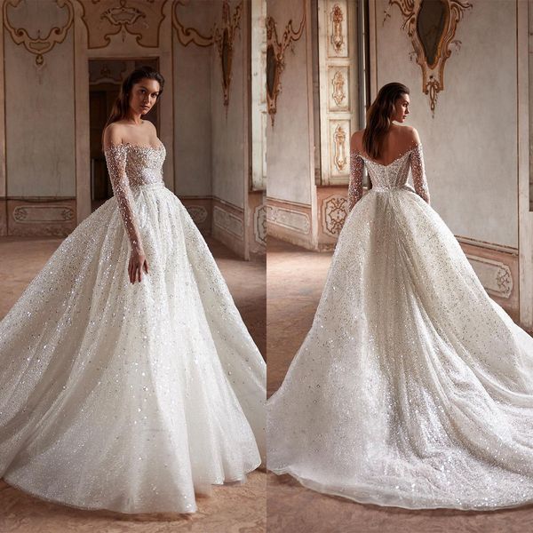 Sparkly Une ligne femmes robe de mariée col transparent manches longues robes de mariée paillettes perles balayage train robe sur mesure vestidos de novia