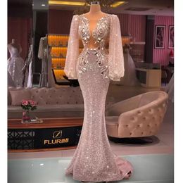 Sparky Arabisch sexy lovertjes prom -jurken kralen kristal lange mouw zeemeermin avondjurk feestjurken op maat gemaakt gemaakt