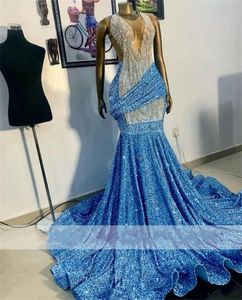 Sparkly Baby Blue Diamonds Vestido de fiesta largo 2024 Glitter Beads Crystal Rhinestones Lentejuelas Fiesta de cumpleaños brillante Vestidos de noche Robe 322