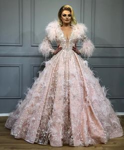 Sparkly Baljurk Avondjurken Diepe V-hals Lange Mouwen Robe De Soiree Feather Bling Bling Lace Formele Gowns Prom Dress