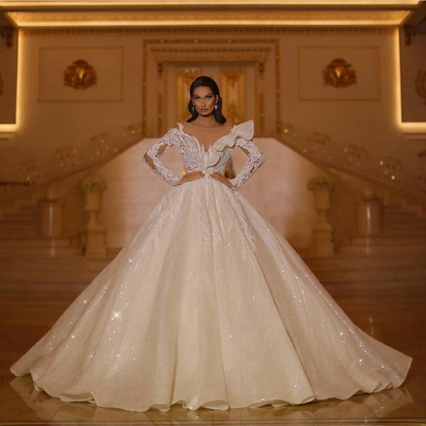 Robe de bal scintillante 2022 robes de mariée col transparent à manches longues robes de mariée dentelle appliques robe de mariée