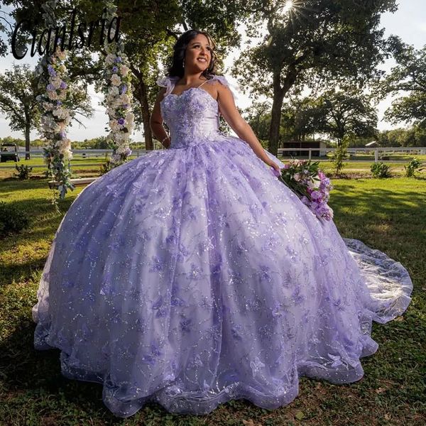 Robe de bal scintillante lilas Quinceanera, élégante robe de bal de luxe, avec des Appliques florales 3D, en dentelle, pour fête d'anniversaire