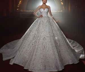 Robe de bal scintillante robes de mariée manches longues col en V paillettes appliques volants robes de mariée perles 3D dentelle diamants grande taille formelle sur mesure robe de novia