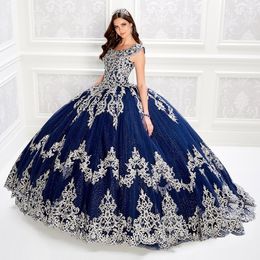 Sparkly Beaded Ball-jurk Quinceanera Jurken Bateau Hals Kant Geappliceerd Prom Jurken Lovertjes Corset Sweep Trein Tule Sweet 15 Jurk