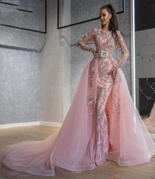 Vestidos de fiesta de sirena con cuentas brillantes y tren desmontable Vestido de noche de lujo de manga larga árabe de Dubai 2020 Vestidos formales de color rosa 4850724