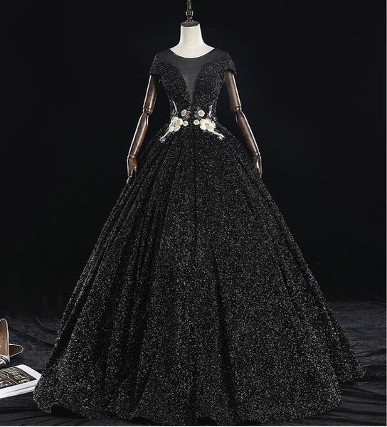 Robe de bal noire scintillante robes de mariée gothiques avec mancherons princesse étage longueur corset à lacets dos robes de mariée modernes non blanches