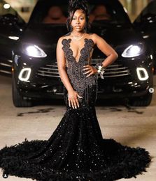 Sparkly Black Girl Mermaid Prom Birthday Queen Robes Sheer Mesh Cou Gillter Perlé Plume Robe De Soirée Africaine