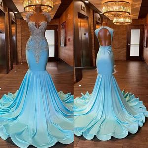 Sparkly Black Girls Prom Sexy Sheer Top Diamond Light Blue Vestidos de noche africanos Espalda abierta Vestido de fiesta formal 2024 Elegante cumpleaños Vestios De Fiesta