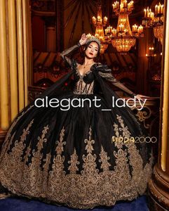 Sparkly Zwarte Gothic Prinses Quinceanera Jurken met Cape Off Schouder Uitbenen Corset vestido de 15 quinceaneras 2024 prom