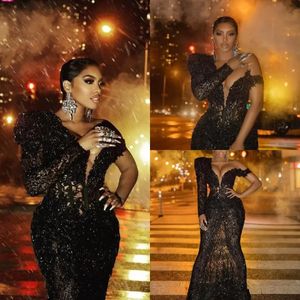 Sparkly Black Mermaid Prom Dresses 2022 Arabische Afrikaanse Kant Lovertjes Single Long Mouw Dames Plus Size Formele Avond Feestjurken