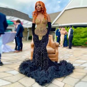 Sparkly Black Mermaid Prom -jurken voor zwarte meiden pure nek mouwloze ruches crystal formeel feest avondjurk gewaad de bal