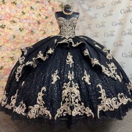 Black brillant sur la robe de bal épaule Quinceanera robe applique des robes de bal anniversaire perlées pour fille en lacet en arrière