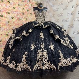 Robe de bal noire scintillante, épaules dénudées, robe de Quinceanera, avec des appliques de perles, robes de bal d'anniversaire pour filles, à lacets dans le dos