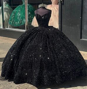 Sparkly Zwarte Quinceanera Jurk 2024 Pailletten Baljurk Sweet 16 Jurken Prinses Verjaardagsfeestje Vestidos De 15 Anos Quinceaneras