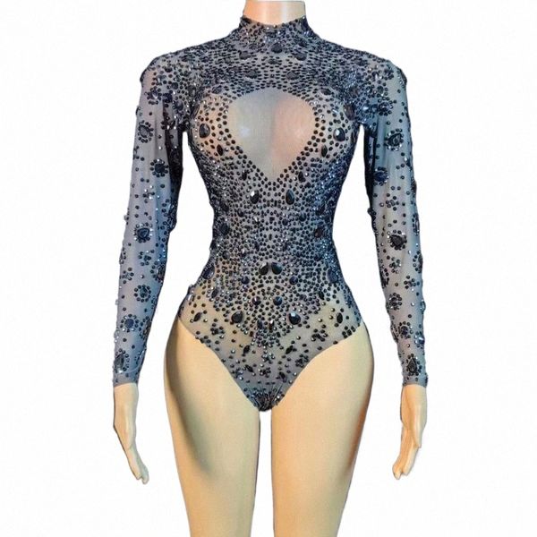 Sparkly Black Rhinestes Body Sexy Mesh Voir à travers le costume de danse Performance Justaucorps Femmes Discothèque Danseuse Stage Wear 11qw #