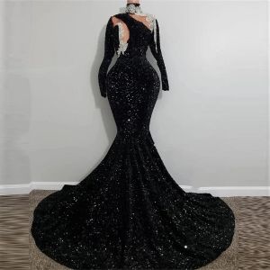 Sparkly Zwarte Pailletten Zeemeermin Prom Dresses Vintage Lange Mouw Zien Door Kristal Kralen Hoge Hals Avondjurken Vestidos De