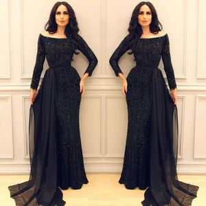 Sparkly Black Pailletten Prom Dress Sexy Off Shoulder Lange Mouw Mermaid Celebrity Feestjurk Charmant Midden-Oosten Arabische Arabische Avondjurken