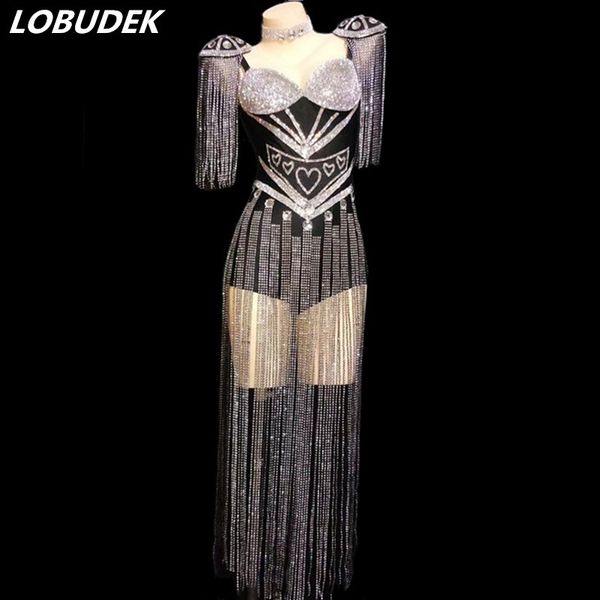 Cristaux Epaulette Franges Justaucorps Sexy Femmes Chanteur Brillant Strass Gland Body Stage Porter Fête D'anniversaire Danse Costume Discothèque Performance Vêtements