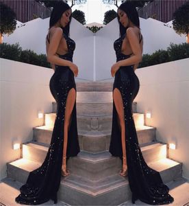 Sparkly Bling Black Sequins Mermaid Prom Jurken 2019 Sexy Criss Criss Cross Spaghetti Backless Side Split Formal Evening Pageant8898709