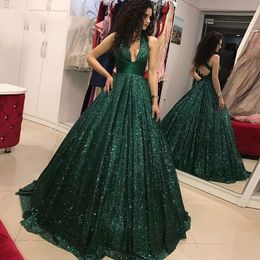 Sparkly Bling Dark Green Sequins avond prom -jurken elegante Deep V Neck Ruffle Parken Party Rom Dress Vestidos de Formatura Longo