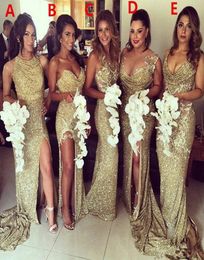 Bling Gold Gold pailled Mermaid Robes de demoiselle d'honneur Backless Slit Plus taille Maid of the Honor robes de mariée 9712742