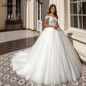 Sparkly Bling Lace Ball Jurk trouwjurk uit schouder korte mouwen prinses bruidsjurken 2024 met kralenparelsbloemen