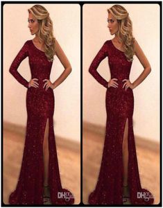 Sparkly Bling Lades Bourgondy Mermaid Prom Dresses 2020 Custom Made One Shoulder Long Evening Party Dress Sexy Side Slit Robe DE6911012