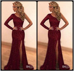 Sparkly Bling Lades Bourgondy Mermaid Prom Dresses 2020 Custom Made One Shoulder Long Evening Party Dress Sexy Side Slit Robe DE3973533
