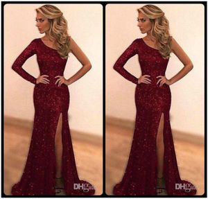 Sparkly Bling Lades Bourgondy Mermaid Prom Dresses 2020 Custom Made One Shoulder Long Evening Party Dress Sexy Side Slit Robe DE7430218