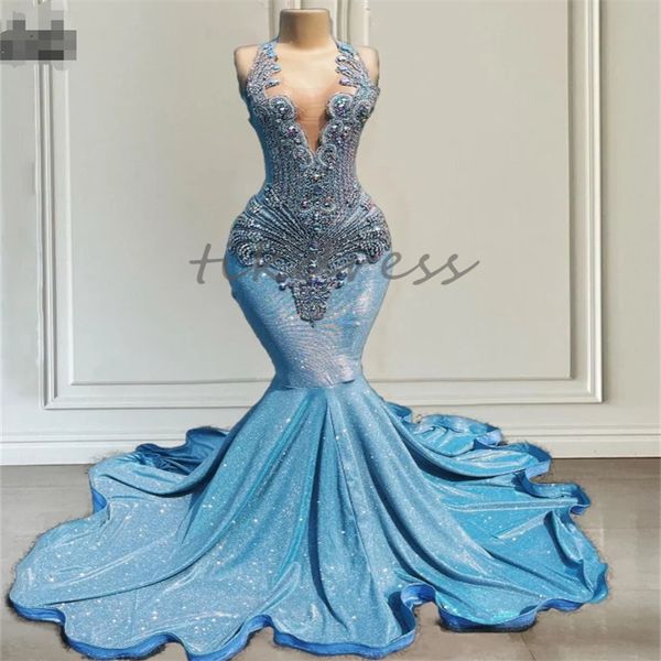 Diamants bleu brillant robes de bal 2024 sirène robe de soirée perle brillance brillance noire robe formelle luxe plus taille cérémonie robe Soiree hochzeits kleid