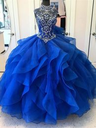 Sparkly Blue High Neck Quinceanera Robes 2013 Top Perlé Strass Corset Organza Ruffles Puffy Prom fiesta robe Bling 2018 Robe de Soirée