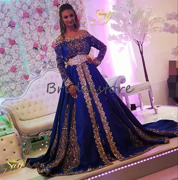 Bleu scintillant robes de soirée musulmanes 2020 à manches longues une ligne robe de bal à paillettes élégante Dubaï arabe robes de soirée, plus la taille Caftan Abaya