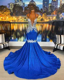 Robe de bal bleue scintillante, style sirène, col licou, strass, robes de soirée pour femmes africaines, tenue de soirée, 2024