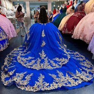 Glitter Blauw Quinceanera Jurken Baljurk 2024 Lieverd Kralen Appliqué Kant Schoudervrij Sweet 16 Veterjurk