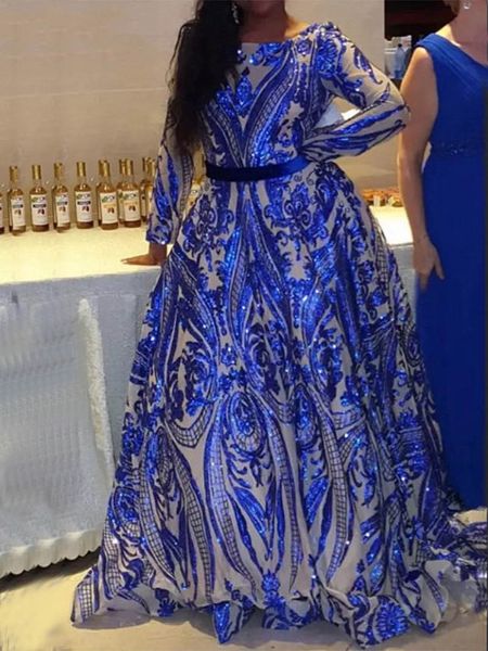 Vestidos de fiesta largos de encaje con lentejuelas azules brillantes Mangas completas 2023 Vestido de noche de mujer árabe con espalda abierta sexy de Dubai Vestidos de fiesta formales de talla grande