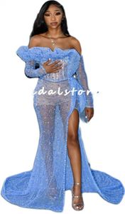 Sparkly Blue Sequins Vestido de fiesta 2022 para niñas negras Aso Ebi Cuello barco Manga larga Sirena Vestidos de noche Raja Pantalón corto Ropa de fiesta Señoras Vestios Robes De Soir￩e