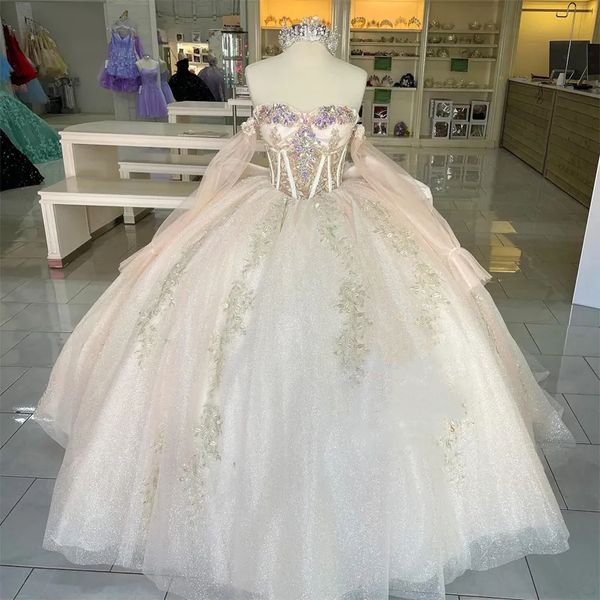 Vestidos de quinceañera con lentejuelas de color rosa brillante y rubor con hombros descubiertos, mangas largas, cristales, vestidos de fiesta de cumpleaños de princesa con cuentas, corsé, vestido de celebridad de talla grande