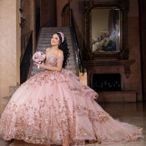 Robe De Quinceanera scintillante, Blush, robe De bal, avec des Appliques en dentelle, perles et paillettes, jupe bouffante, douce 16, 15, 2024