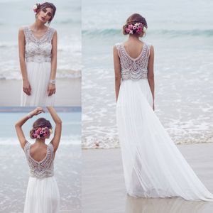 Sparkly Boheems strand trouwjurk zijden chiffon hand kristal bling boho vestido de novia witte ivoor bruidsjurken
