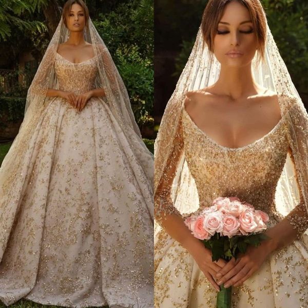 Champagne scintillant une ligne robes de mariée paillettes encolure dégagée Vintage robes de mariée personnaliser arabe luxe Robes De Mari￩e