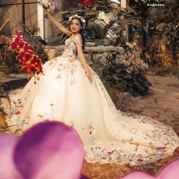 Robe de bal à champagne brillant quinceanera robe de bal de bal de luxe robes 3d appliques florales perles de dentelle