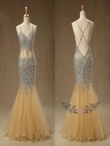Sparkly Champagne Mermaid goedkope prom -jurken met bling kristallen kralen Backless Long Tule Zie door taille sequolin kralen evenin6414827