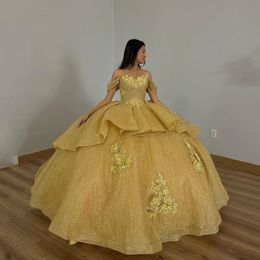 Sparky Champagne Princess Quinceanera Dresses Off Schouder Pearls Ball Jurk Glitter Appliques Kristallen kralen Zoet 15e jurk