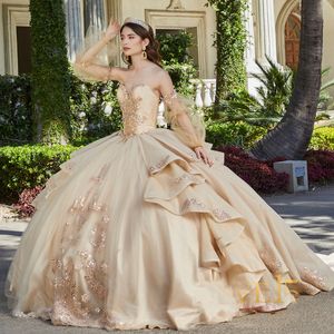 Robe princesse Quinceanera Champagne scintillante, avec des appliques de perles en dentelle, manches longues, robe de bal, douce 15ème robe de bal à lacets