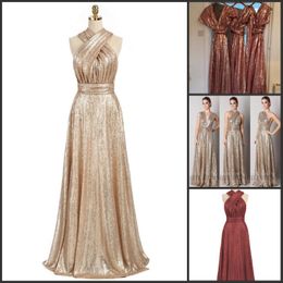 Robes de demoiselle d'honneur à paillettes en or étincelante A-Line Long Maid of Honor Robes Multiway Wedding Party Gowns 2353