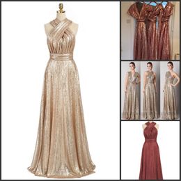 Robes de demoiselle d'honneur à paillettes en or étincelante A-Line Long Maid of Honor Robes Multiway Wedding Party Gowns 2414