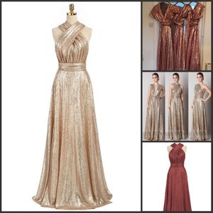 Sparkly cabriolet goud pailletten bruidsmeisje jurken A-Line Long Maidd of Honor Dresses Multiway Wedding Party Jurken 232N